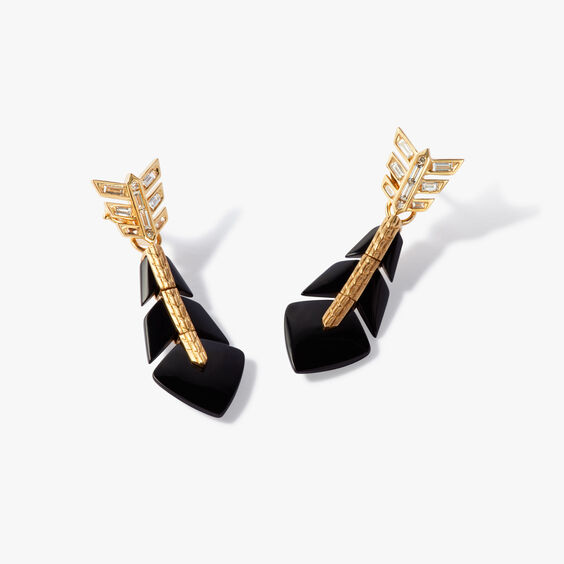 Deco 18ct Yellow Gold Black Onyx Feather Earrings